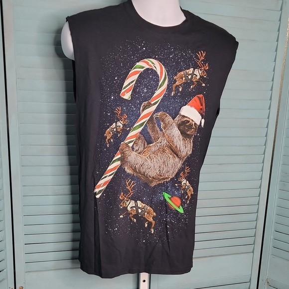 Dec. 25th Christmas Reindeer & Sloth T-Shirt ~ Sz M ~ Dark Blue ~Cut off Sleeves - Picture 2 of 5